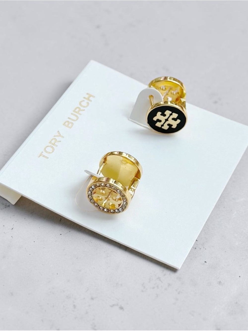 Tory Burch Gold and Black Logo Crystal Rim double sided Stud Earrings